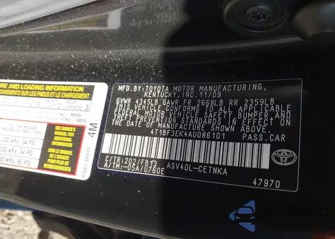 2010 Toyota Camry Le z USA, uszkodzony, nr VIN 4T1BF3EK4AU086101
